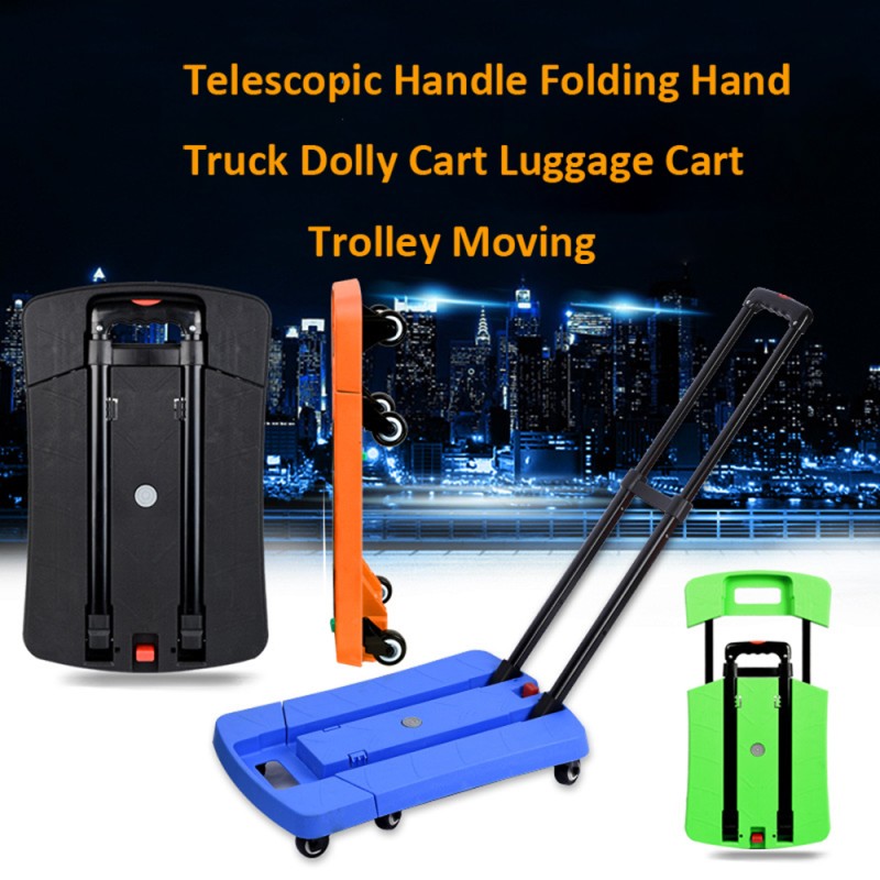 Folding Hand Truck, 350 lbs Capacity Luggage Cart, Utility Dolly Platform Cart with 6 Wheels & 2 Elastic Ropes for Luggage, Travel, Shopping, Moving, Office Use - Black （Item # 6WF-600BK） 
